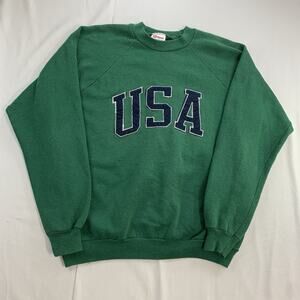 Vintage 90s USA Spellout Green Crew Neck Sweatshirt Adult Size Large